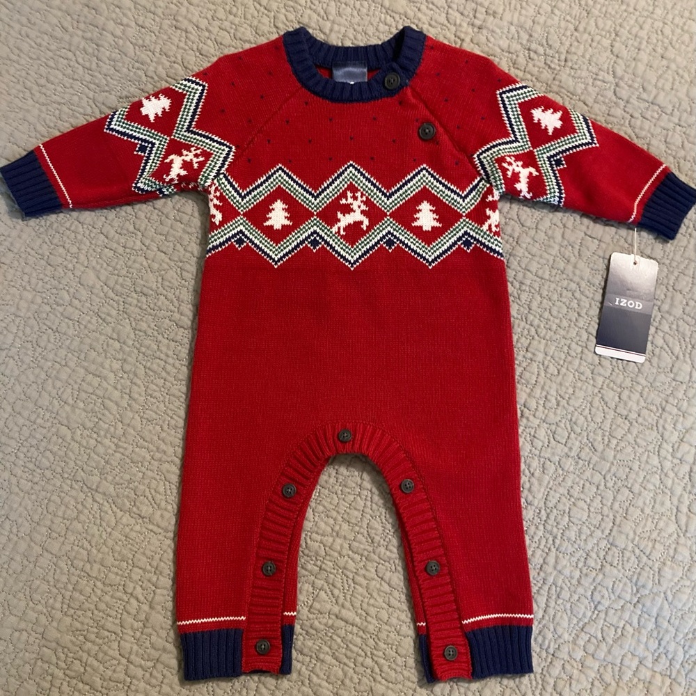 New IZOD Baby Boys Red Holiday Sweater Coverall - 3/6 Months NWT